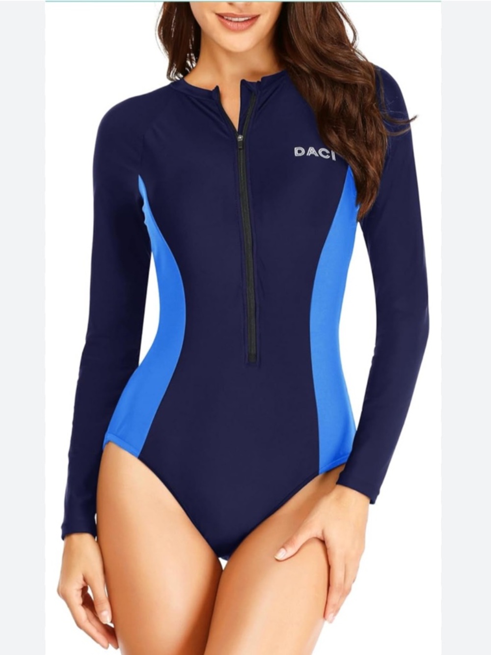 Daci Women's Zipper Diving Rash Guard‎ Swimsuit Built-In Bra-Navy Blue Size M